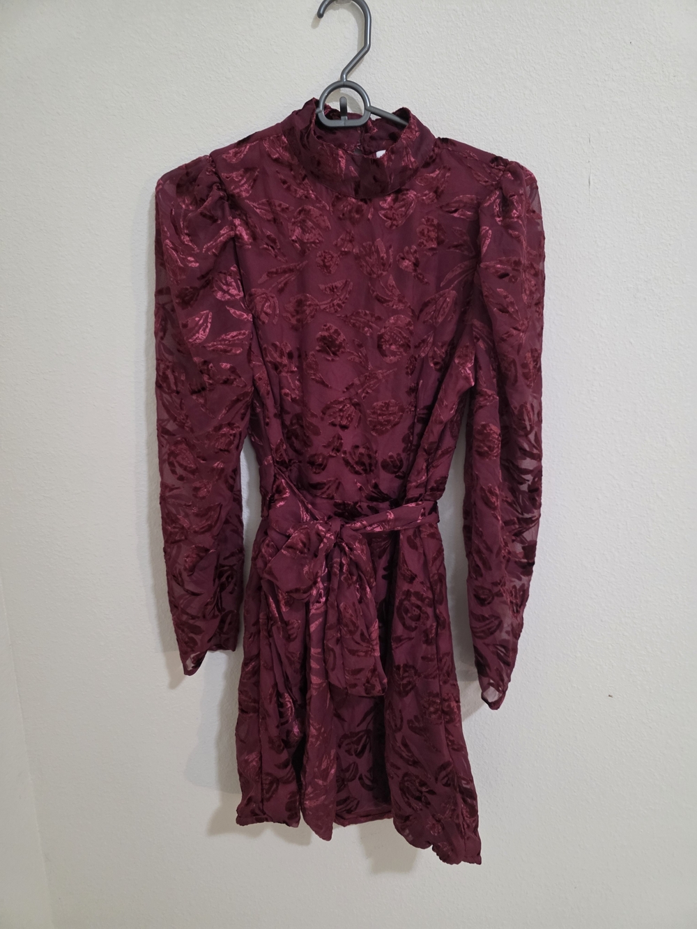NSR Burgundy Floral Jacquard Long-Sleeve Dress